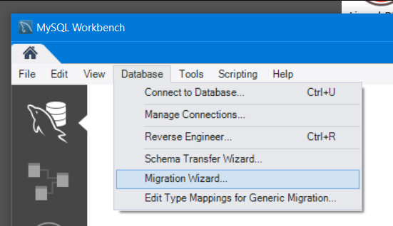 Choose Migration Wizard in the database menu of MySQL Workbench